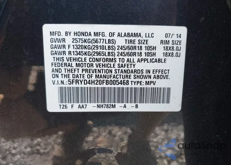 2015 Acura Mdx from USA, damaged, VIN 5FRYD4H20FB005468